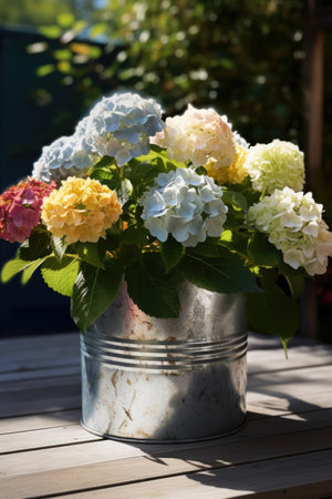 Colourful hydrangeas in metal planter in sunny garden, created using generative ai technology. Flowers, plants, growth, spring, nature and gardening concept digitally generated image.の素材