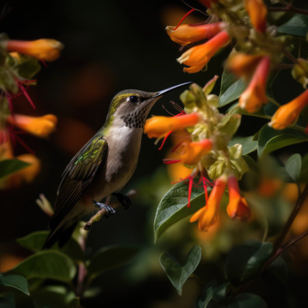 Hummingbird hovering by orange flower in nature, created using generative ai technology. Beauty in nature, wildlife, agility and feeding concept digitally generated image.の素材