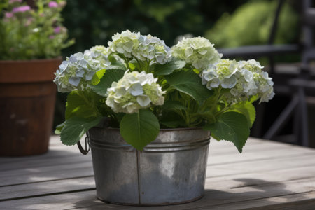 White hydrangeas in metal planter in sunny garden, created using generative ai technology. Flowers, plants, growth, spring, nature and gardening concept digitally generated image.の素材