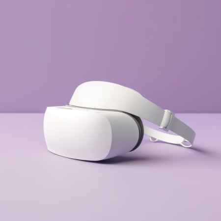 White vr headset on purple background with copy space, created using generative ai technology. Virtual reality and digital interface technology concept digitally generated image.の素材