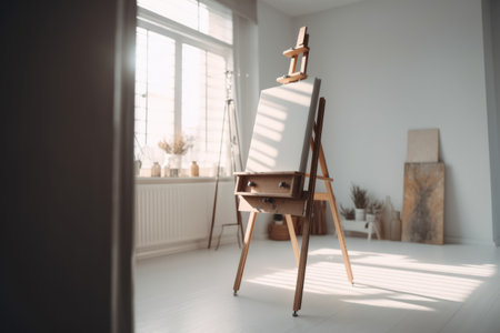 Blank canvas on wooden easel by window in painter's studio, created using generative ai technology. Art, possibility, inspiration and creativity concept digitally generated image.の素材