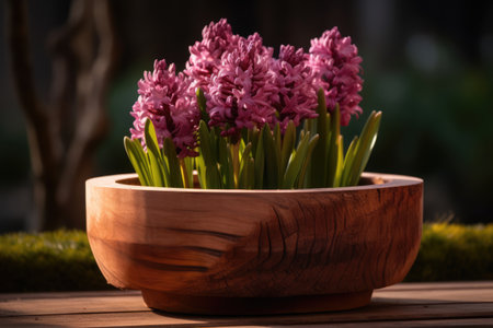 Purple flowers in wooden planter in sunny garden, created using generative ai technology. Flowers, plants, growth, spring, nature and gardening concept digitally generated image.の素材
