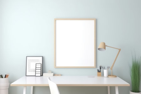 Empty wooden frame with copy space in office on blue wall, created using generative ai technology. Office, workplace and interior design concept digitally generated image.の素材