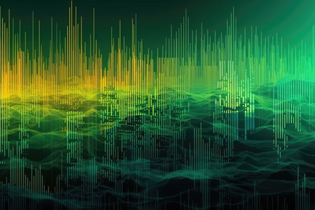 Glowing green interference lines and waves on black, created using generative ai technology. Visual distortion and data technology abstract background concept digitally generated image.の素材