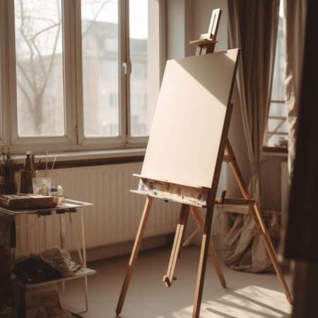 Blank canvas on wooden easel by window in painter's studio, created using generative ai technology. Art, possibility, inspiration and creativity concept digitally generated image.の素材