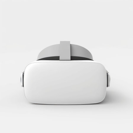 White vr headset on white background with copy space, created using generative ai technology. Virtual reality and digital interface technology concept digitally generated image.の素材