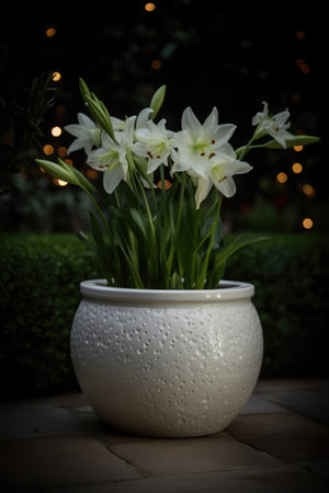 White flowers in ceramic planter in garden at night, created using generative ai technology. Flowers, plants, growth, spring, nature and gardening concept digitally generated image.の素材