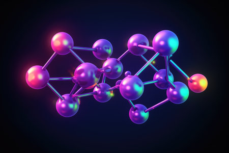 Blue atoms forming molecular structure, created using generative ai technology. Science, nature, matter, model and structure concept digitally generated image.の素材