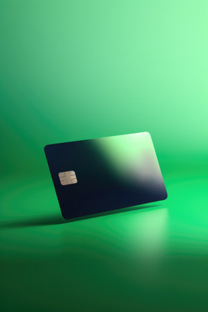 Blank black credit card with microchip on green, copy space, created using generative ai technology. Emv chip, banking, spending, technology and finance mock up concept digitally generated image.の素材