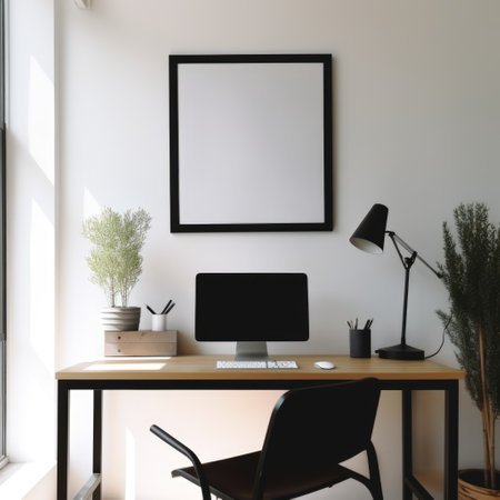 Empty black frame with copy space in office on white wall, created using generative ai technology. Office, workplace and interior design concept digitally generated image.の素材