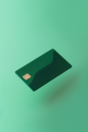 Blank green credit card with microchip on green, copy space, created using generative ai technology. Emv chip, banking, spending, technology and finance mock up concept digitally generated image.の素材