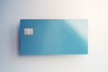 Blank blue credit card with microchip on blue, copy space, created using generative ai technology. Emv chip, banking, spending, technology and finance mock up concept digitally generated image.の素材