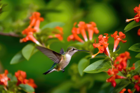 Hummingbird hovering by red flower in nature, created using generative ai technology. Beauty in nature, wildlife, agility and feeding concept digitally generated image.の素材