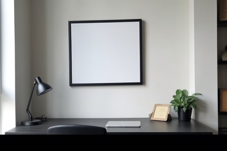 Empty black frame with copy space in office on white wall, created using generative ai technology. Office, workplace and interior design concept digitally generated image.の素材