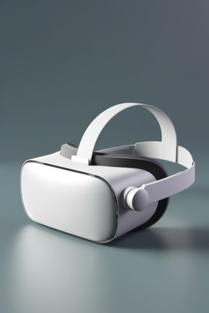White vr headset on grey background with copy space, created using generative ai technology. Virtual reality and digital interface technology concept digitally generated image.の素材