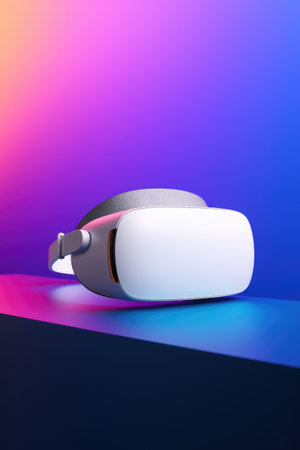 White vr headset on blue and pink background with copy space, created using generative ai technology. Virtual reality and digital interface technology concept digitally generated image.の素材