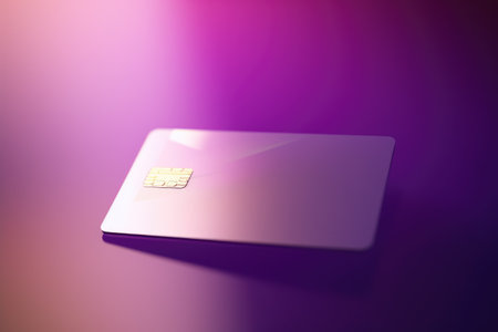 Blank pink credit card with microchip on purple, copy space, created using generative ai technology. Emv chip, banking, spending, technology and finance mock up concept digitally generated image.の素材