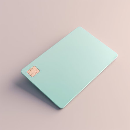 Blank blue credit card with microchip on pink, copy space, created using generative ai technology. Emv chip, banking, spending, technology and finance mock up concept digitally generated image.の素材