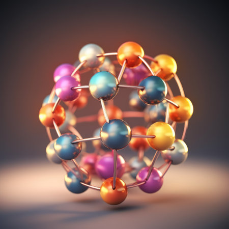 Colourful atoms forming molecular structure, created using generative ai technology. Science, nature, matter, model and structure concept digitally generated image.の素材