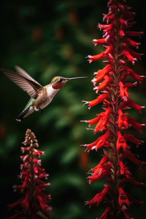 Hummingbird hovering by red flower, copy space, created using generative ai technology. Beauty in nature, wildlife, agility and feeding concept digitally generated image.の素材