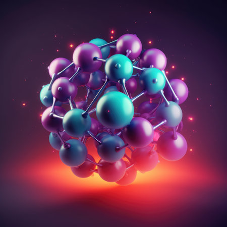 Blue and purple atoms forming molecular structure, created using generative ai technology. Science, nature, matter, model and structure concept digitally generated image.の素材