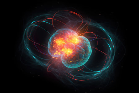 Blue and yellow atoms forming molecular structure, created using generative ai technology. Science, nature, matter, model and structure concept digitally generated image.の素材