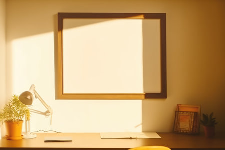 Empty wooden frame with copy space in office on yellow wall, created using generative ai technology. Office, workplace and interior design concept digitally generated image.の素材