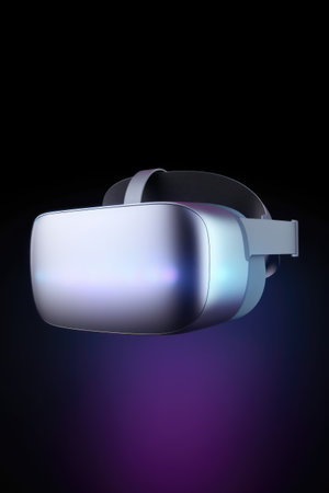 Grey vr headset on dark purple background with copy space, created using generative ai technology. Virtual reality and digital interface technology concept digitally generated image.の素材