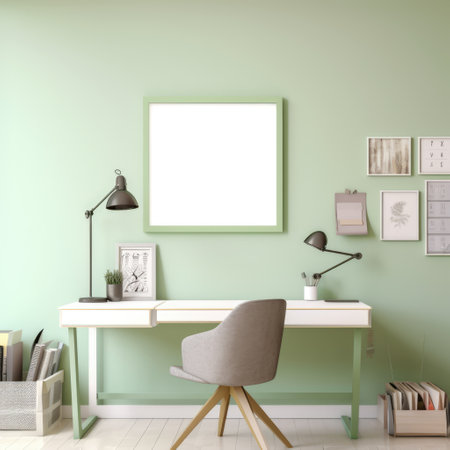 Empty green frame with copy space in office on green wall, created using generative ai technology. Office, workplace and interior design concept digitally generated image.の素材