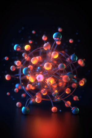 Blue and pink atoms forming molecular structure, created using generative ai technology. Science, nature, matter, model and structure concept digitally generated image.の素材