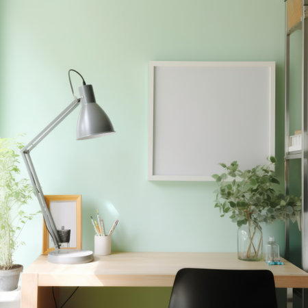 Empty white frame with copy space in office on green wall, created using generative ai technology. Office, workplace and interior design concept digitally generated image.の素材