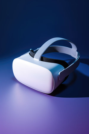 White vr headset on blue background with copy space, created using generative ai technology. Virtual reality and digital interface technology concept digitally generated image.の素材