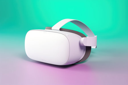 White vr headset on blue and pink background with copy space, created using generative ai technology. Virtual reality and digital interface technology concept digitally generated image.の素材