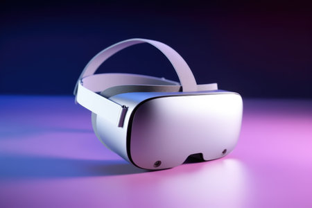 Grey vr headset on dark purple background with copy space, created using generative ai technology. Virtual reality and digital interface technology concept digitally generated image.の素材
