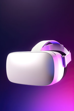 White vr headset on dark purple background with copy space, created using generative ai technology. Virtual reality and digital interface technology concept digitally generated image.の素材