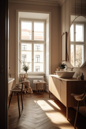 Sunny modern bathroom with large window and view to street, created using generative ai technology. Contemporary bathroom interior design and natural light concept digitally generated image.の素材