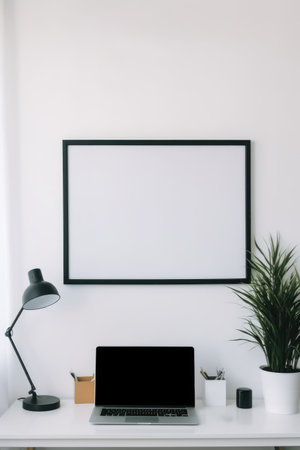Empty black frame with copy space in office on white wall, created using generative ai technology. Office, workplace and interior design concept digitally generated image.の素材