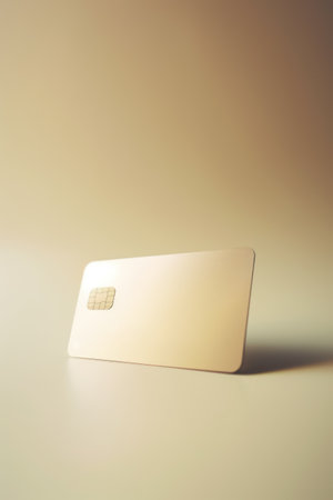Blank beige credit card with microchip on beige, copy space, created using generative ai technology. Emv chip, banking, spending, technology and finance mock up concept digitally generated image.の素材