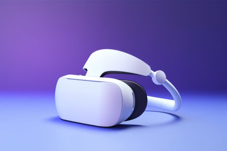 White vr headset on blue background with copy space, created using generative ai technology. Virtual reality and digital interface technology concept digitally generated image.の素材