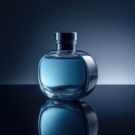 Curved glass perfume bottle in dark blue light, created using generative ai technology. Scent, fragrances and luxury goods concept digitally generated image.の素材