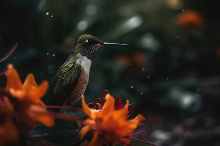 Hummingbird hovering by orange flower, copy space, created using generative ai technology. Beauty in nature, wildlife, agility and feeding concept digitally generated image.の素材