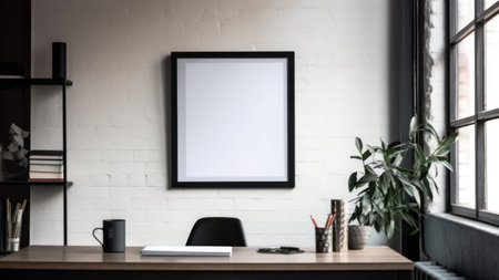 Empty black frame with copy space in office on white wall, created using generative ai technology. Office, workplace and interior design concept digitally generated image.の素材