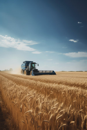 General scenery of wheat fields with combine and blue sky, created using generative ai technology. Countryside, agriculture and landscape concept digitally generated image.の素材