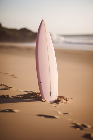 White surfboard standing on beach at sunset, created using generative ai technology. Surfing, sports, hobbies and vacation concept digitally generated image.の素材