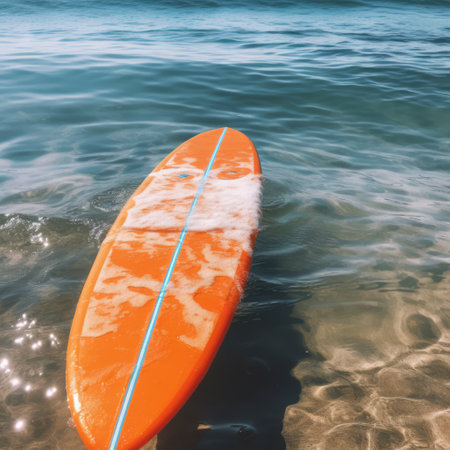 Orange surfboard lying on sunny beach, created using generative ai technology. Surfing, sports, hobbies and vacation concept digitally generated image.の素材