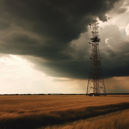 Telephone tower in agricultural field, copy space, created using generative ai technology. Communication, cell tower and wireless telephone technology concept digitally generated image.の素材