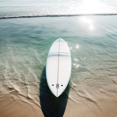 White surfboard lying on sunny beach, created using generative ai technology. Surfing, sports, hobbies and vacation concept digitally generated image.の素材