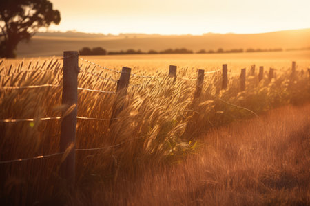 General scenery of wheat fields on sunny day, created using generative ai technology. Countryside, agriculture and landscape concept digitally generated image.の素材