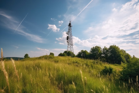 Telephone tower in green belt area outside city, copy space, created using generative ai technology. Communication, cell tower and wireless telephone technology concept digitally generated image.の素材