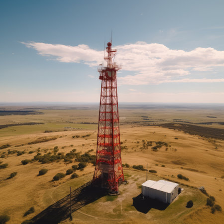Telephone tower in green belt area outside city, copy space, created using generative ai technology. Communication, cell tower and wireless telephone technology concept digitally generated image.の素材